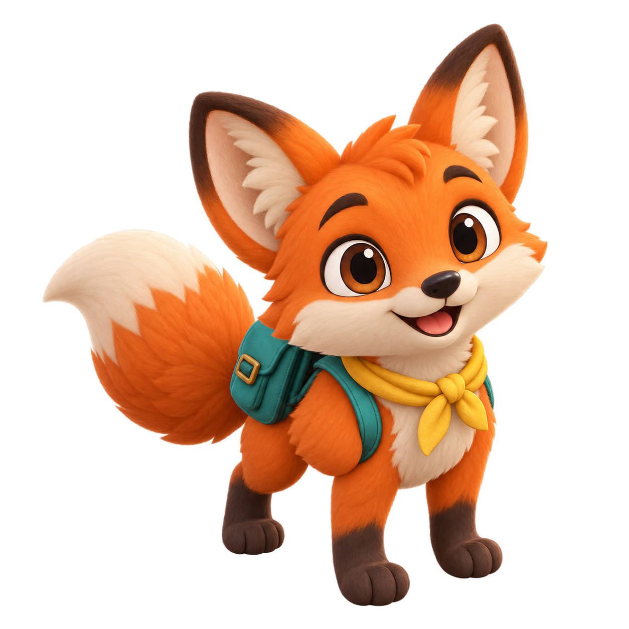 Mithi the fox with a backpack and golden scarf